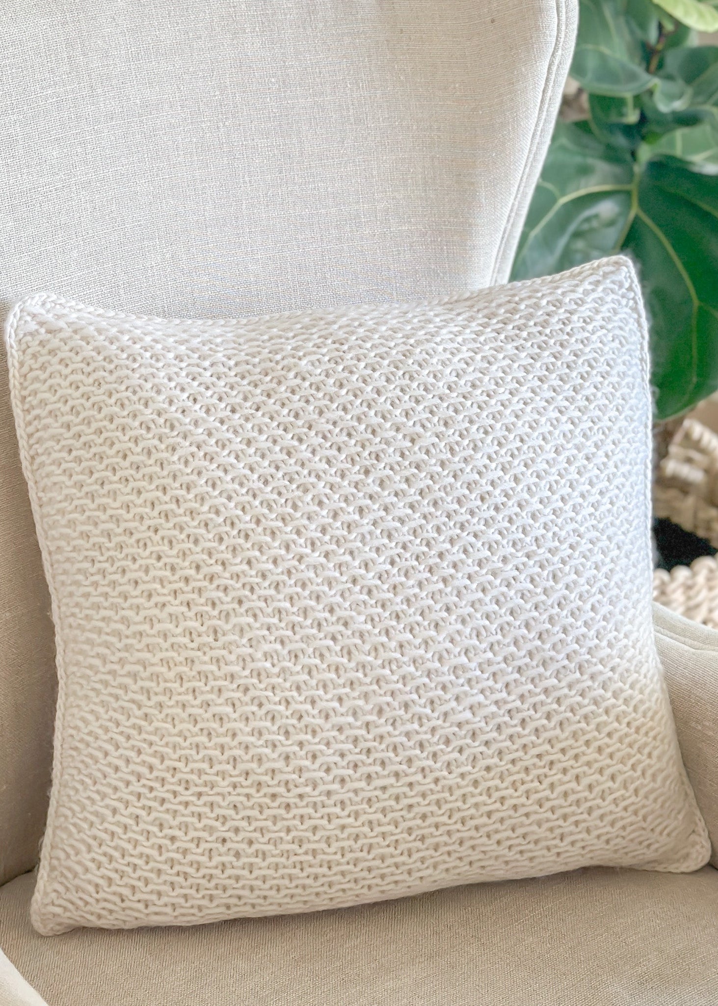 Textured beige pillow on a beige chair with a plant in the background